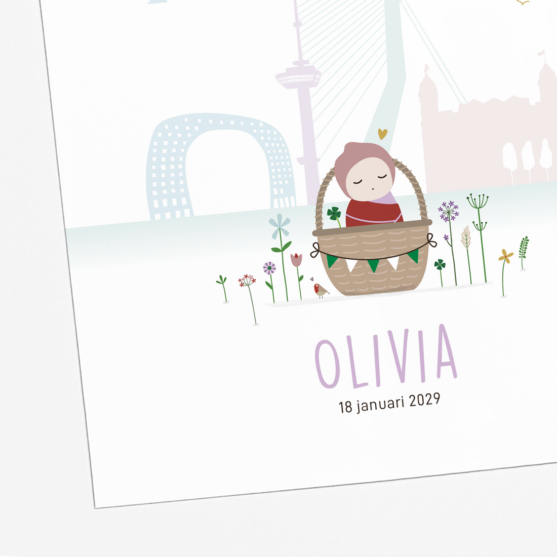 geboortekaartje Rotterdam skyline met bloemen en stad illustratie