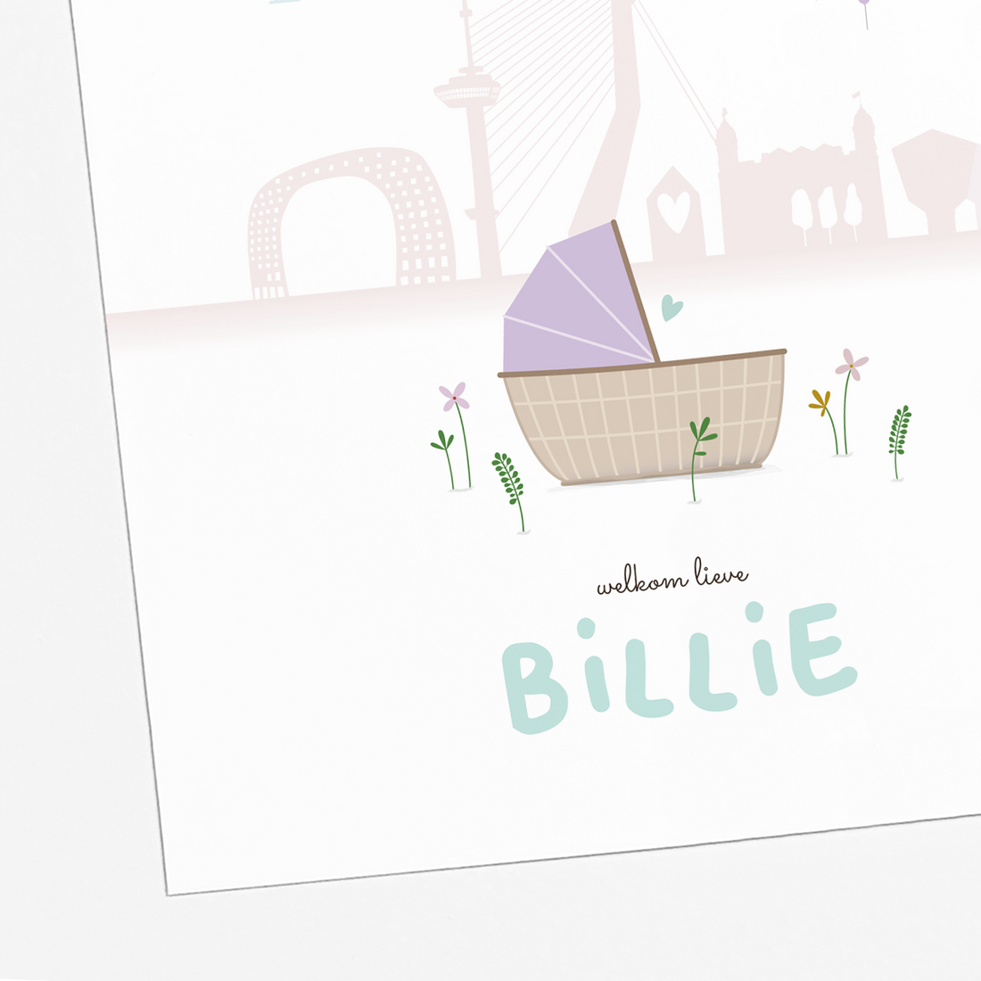 geboortekaartje Rotterdam skyline met baby illustratie