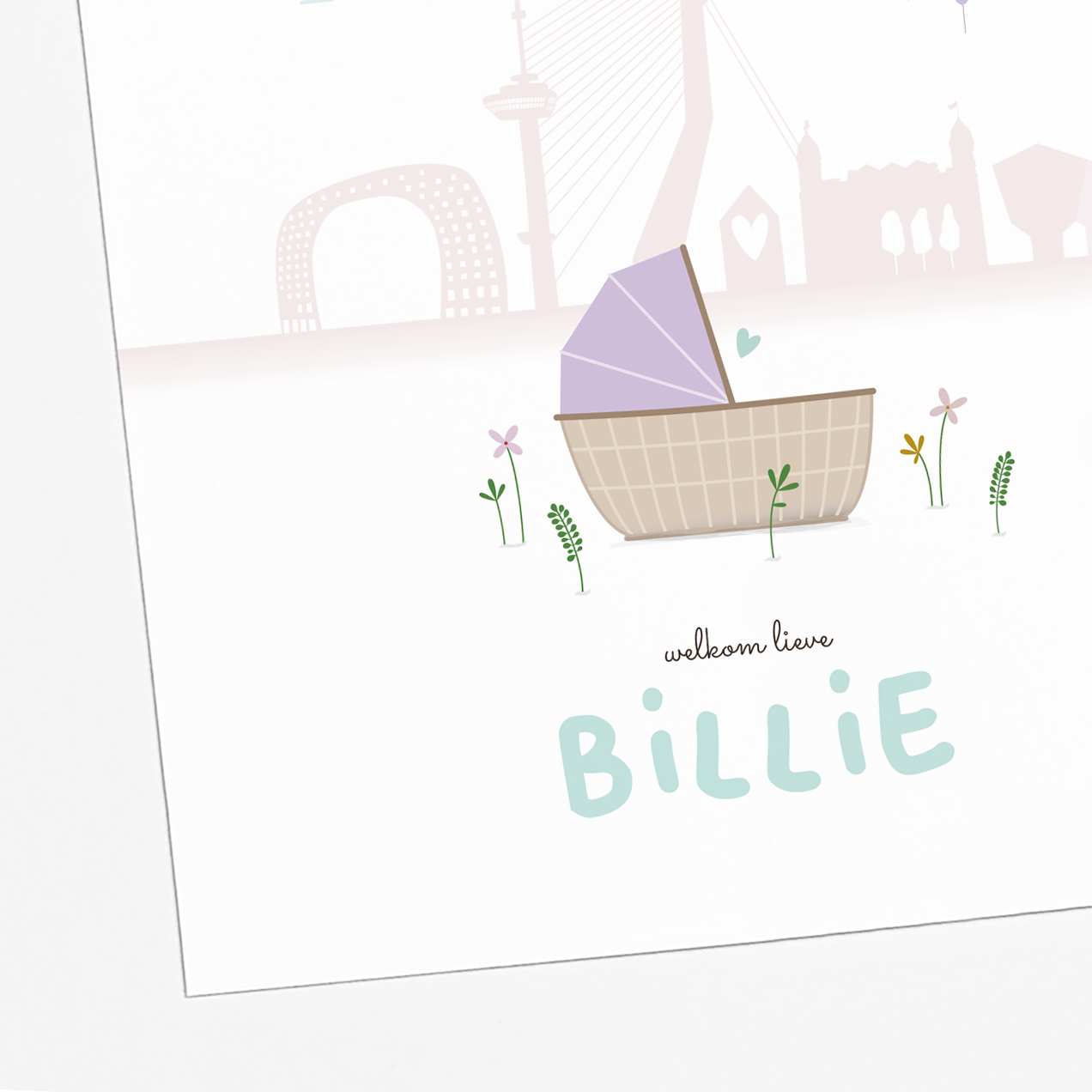 geboortekaartje Rotterdam skyline met baby illustratie
