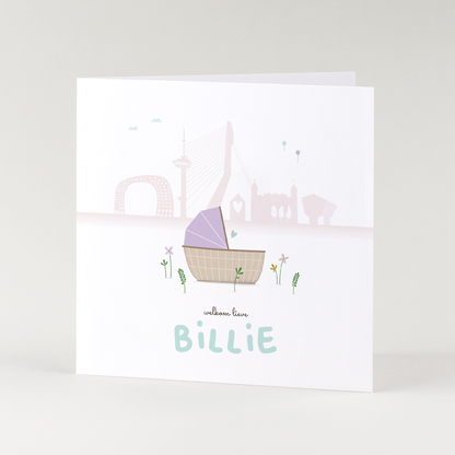 geboortekaartje Rotterdam skyline met wieg en baby illustratie