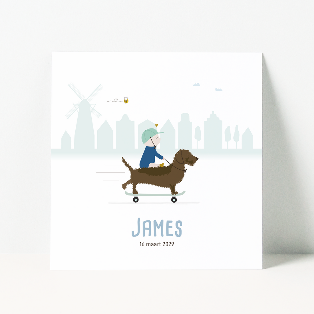 geboortekaartje jongen met teckel op skateboard en baby op de rug.