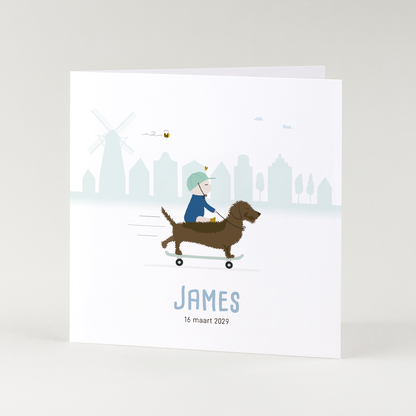 lief geboortekaartje jongen met teckel skateboard illustratie