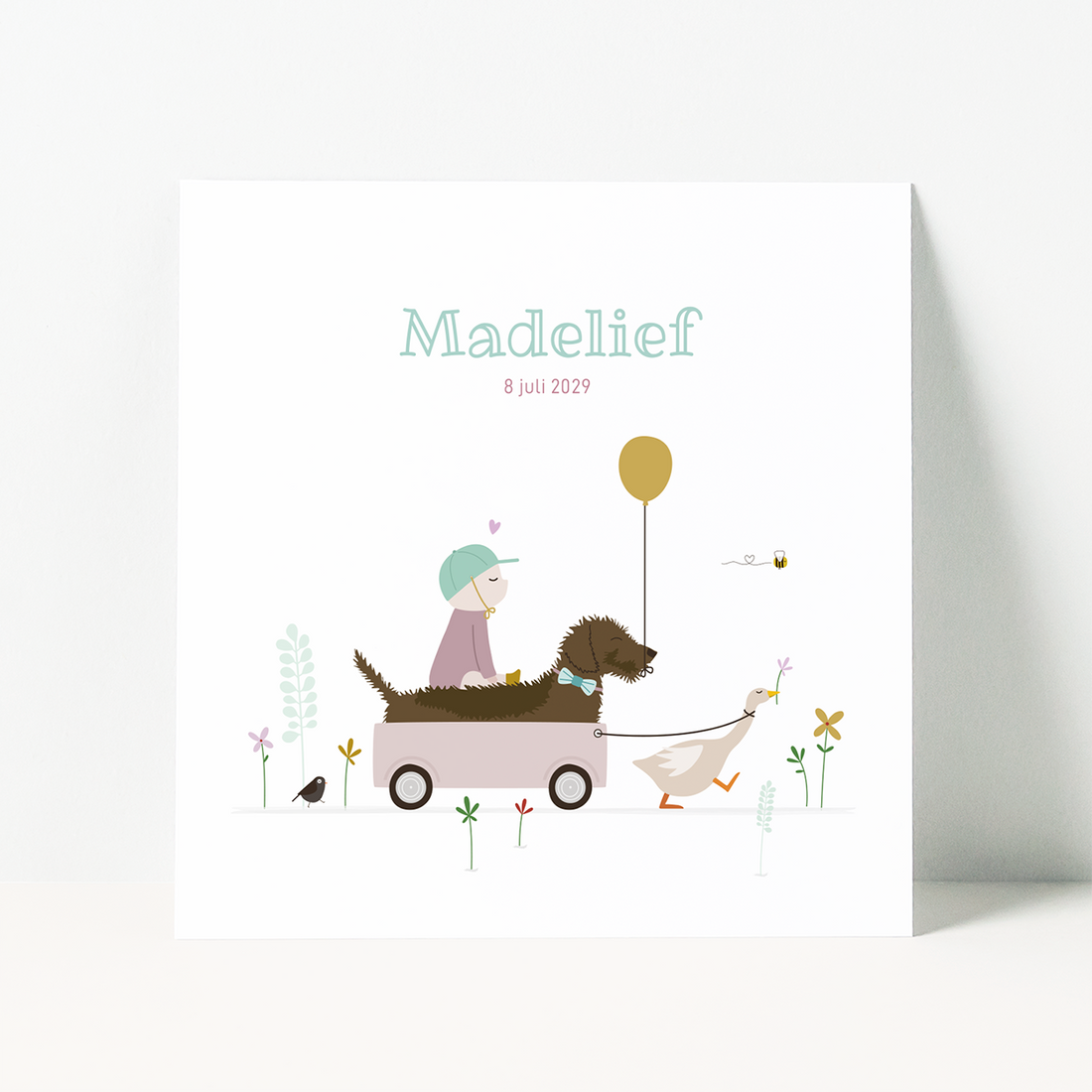 geboortekaartje meisje met teckel in kar getrokken door gans