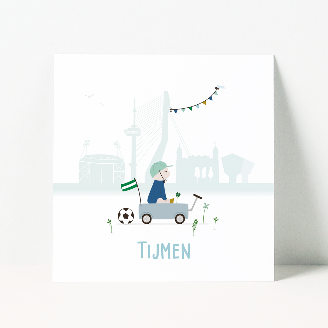 geboortekaartje Rotterdam met baby en voetbal tegen skyline - kuip Feyenoord