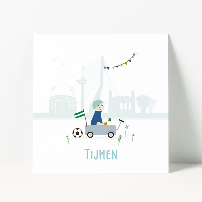 geboortekaartje Rotterdam met baby en voetbal tegen skyline - kuip Feyenoord