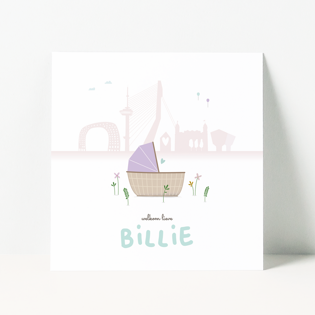 geboortekaartje Rotterdam skyline met baby in mandje
