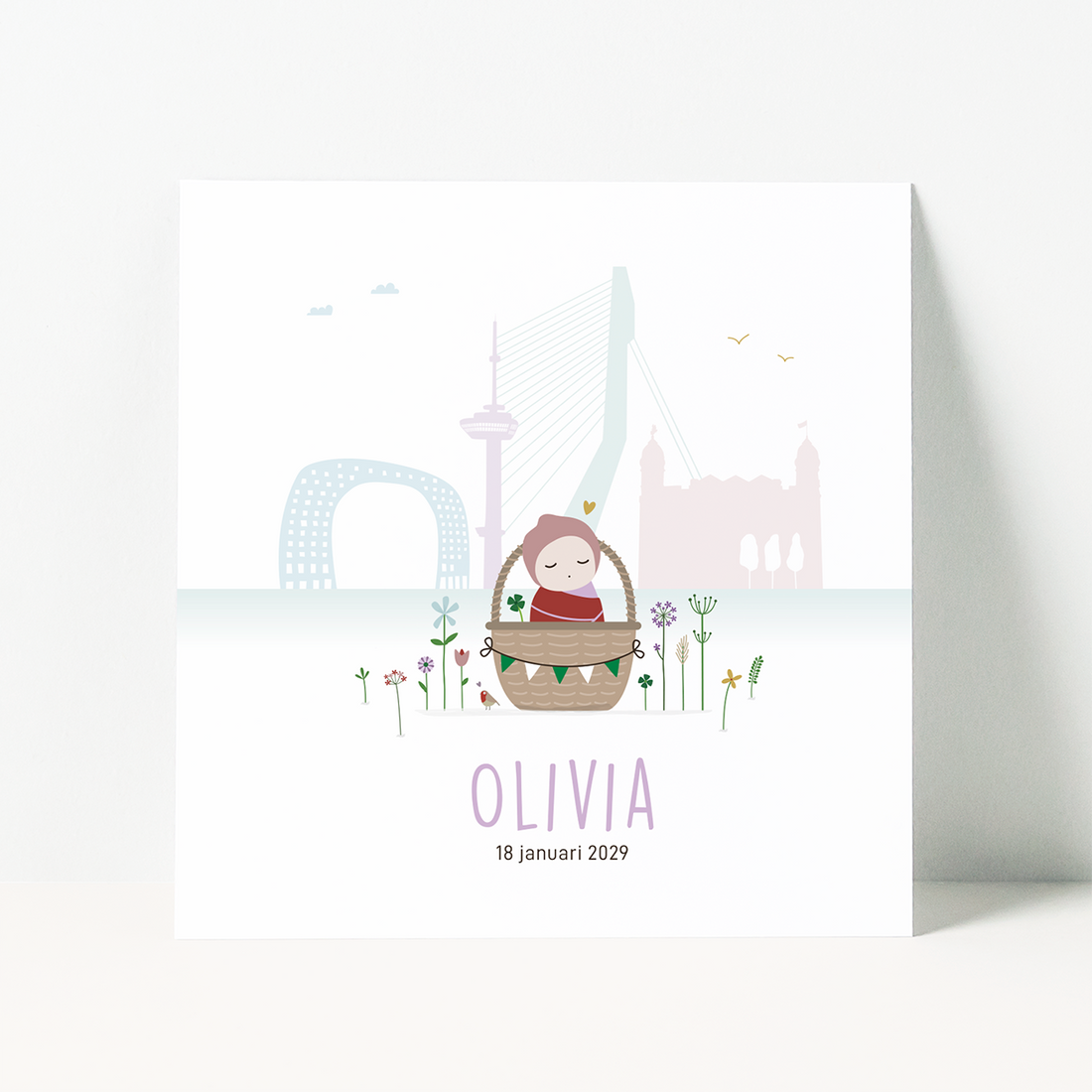 geboortekaartje Rotterdam skyline met bloemen en baby illustratie