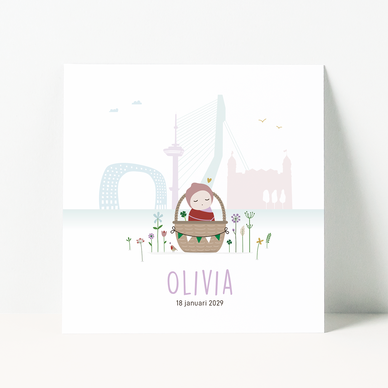 geboortekaartje Rotterdam skyline met bloemen en baby illustratie