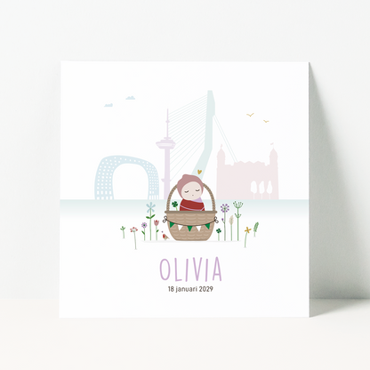 geboortekaartje Rotterdam skyline met bloemen en baby illustratie