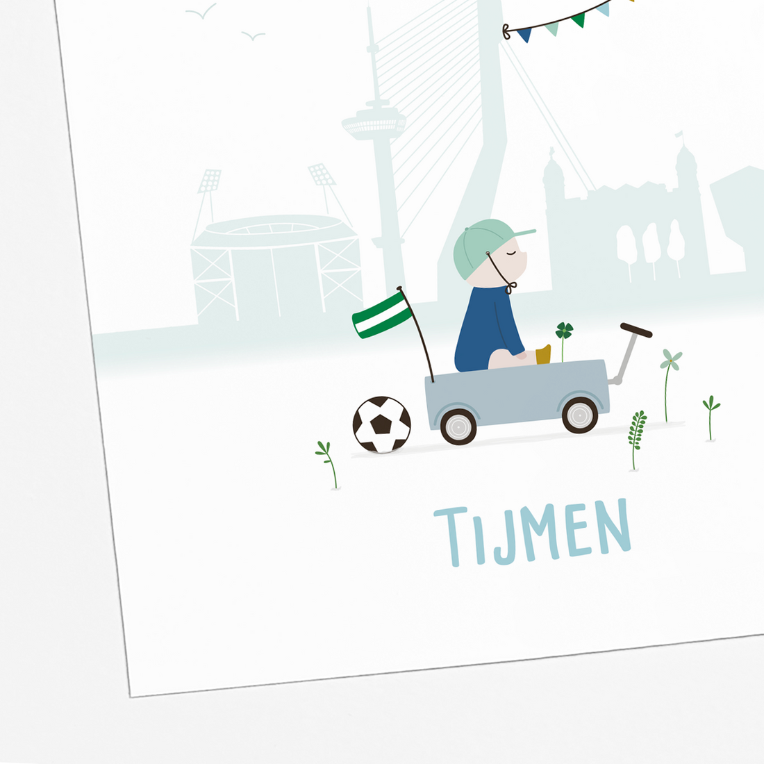 geboortekaartje Rotterdam skyline met Erasmusbrug en voetbal illustratie