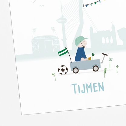 geboortekaartje Rotterdam skyline met Erasmusbrug en voetbal illustratie
