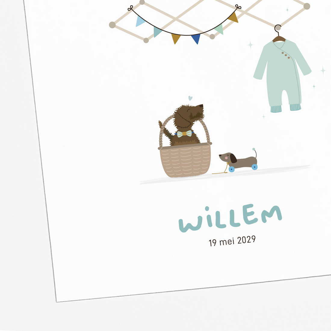 illustratie teckel met baby in mandje en rompertje geboortekaartje