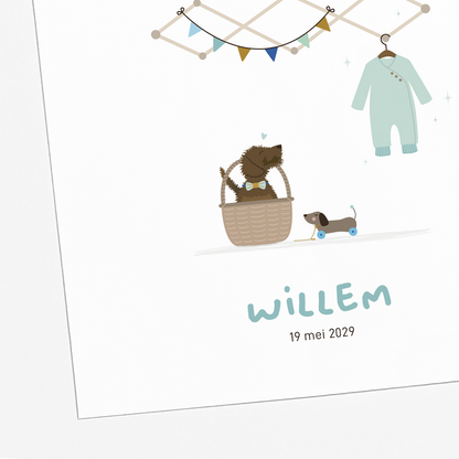 illustratie teckel met baby in mandje en rompertje geboortekaartje