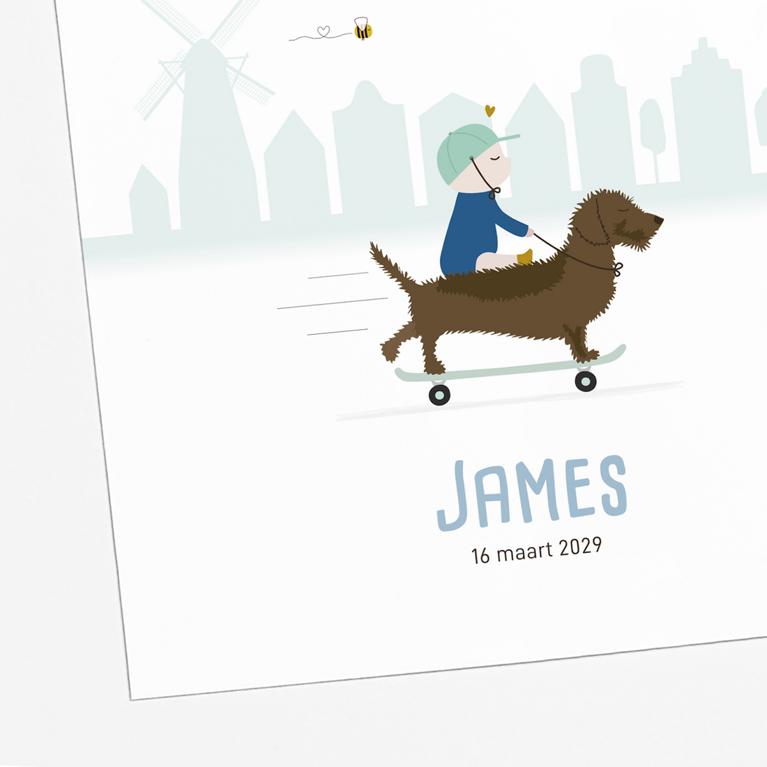 illustratie teckel op skateboard met baby geboortekaartje jongen