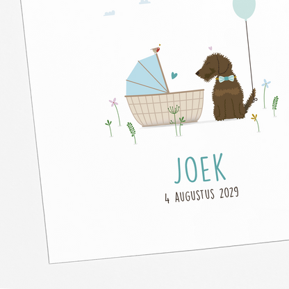 illustratie teckel bij wieg met baby geboortekaartje jongen