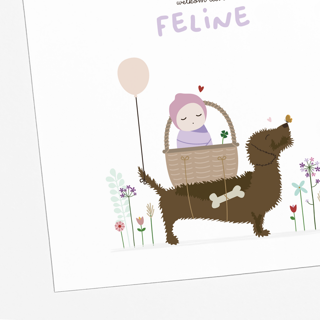 illustratie teckel met baby in mandje en bloemen geboortekaartje meisje