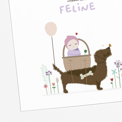 illustratie teckel met baby in mandje en bloemen geboortekaartje meisje