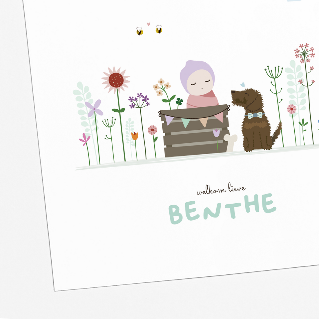illustratie baby tussen bloemen met teckel geboortekaartje meisje