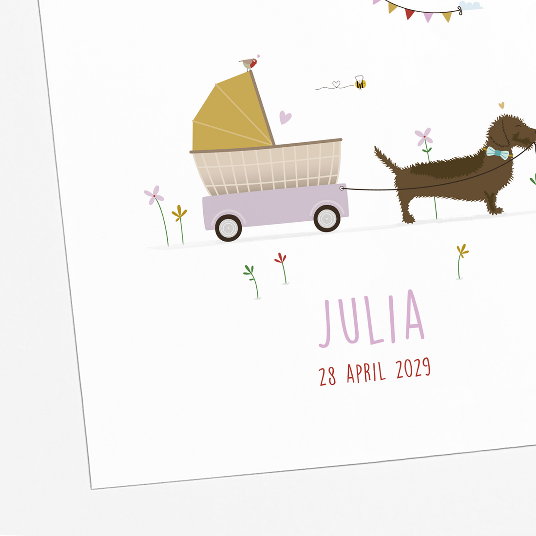 illustratie teckel met kinderwagen en baby geboortekaartje meisje