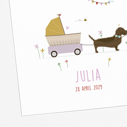illustratie teckel met kinderwagen en baby geboortekaartje meisje