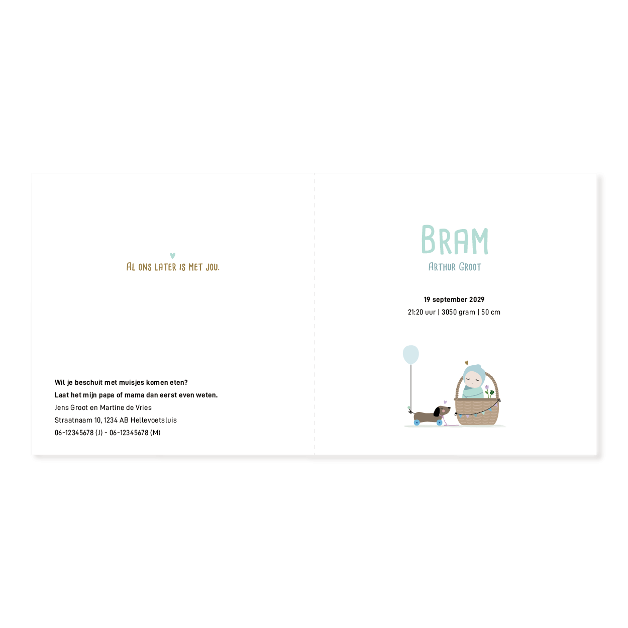 Geboortekaartje voor een jongen met illustratie van teckel die een baby in mandje trekt, geboortekaartje dat je persoonlijk kunt maken met naam en datum