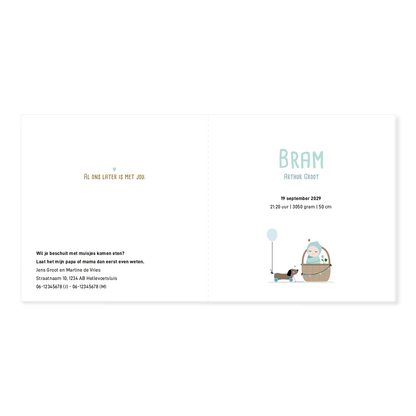 Geboortekaartje voor een jongen met illustratie van teckel die een baby in mandje trekt, geboortekaartje dat je persoonlijk kunt maken met naam en datum