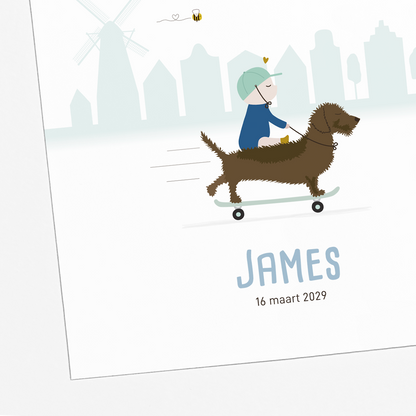 illustratie teckel op skateboard met baby geboortekaartje jongen