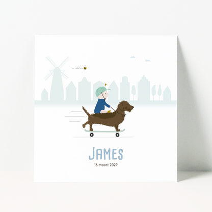 geboortekaartje jongen met teckel op skateboard en baby op de rug.