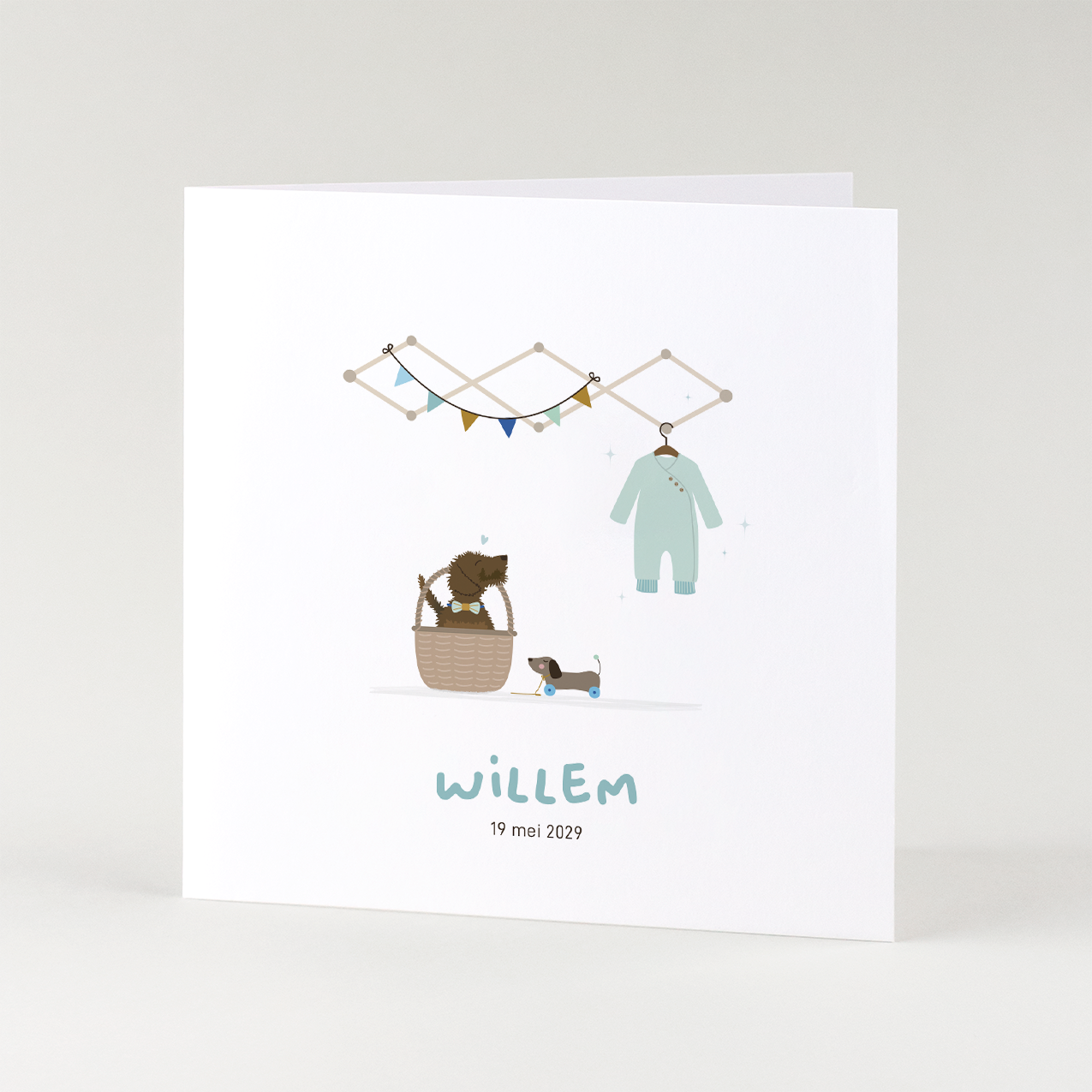 lief geboortekaartje jongen met teckel en babykamer illustratie