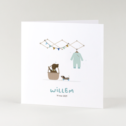 lief geboortekaartje jongen met teckel en babykamer illustratie