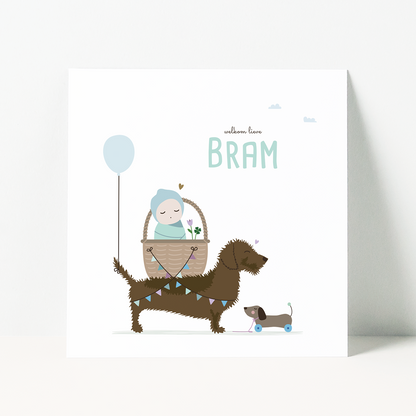 geboortekaartje jongen met teckel die baby in mandje trekt