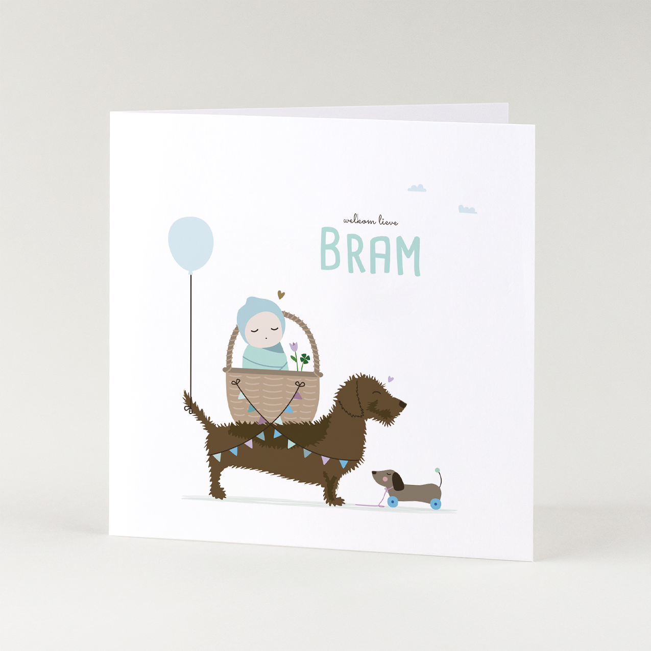 lief geboortekaartje jongen met teckel en baby in mandje illustratie