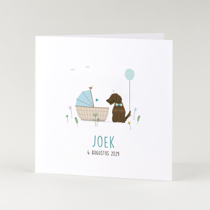 lief geboortekaartje jongen met teckel en baby in wieg