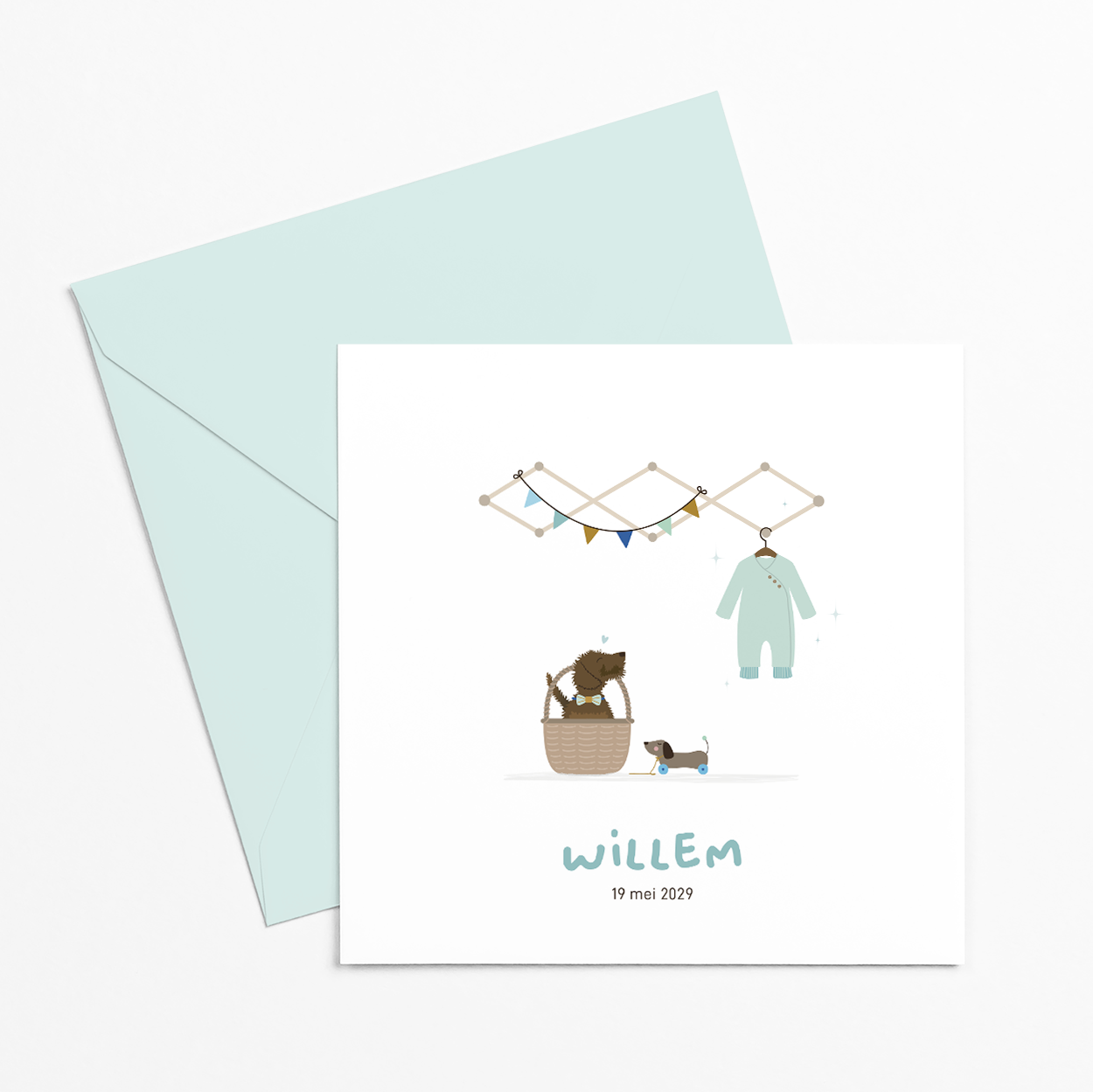 Geboortekaartje jongen met teckel in mandje, slinger en baby romper illustratie.