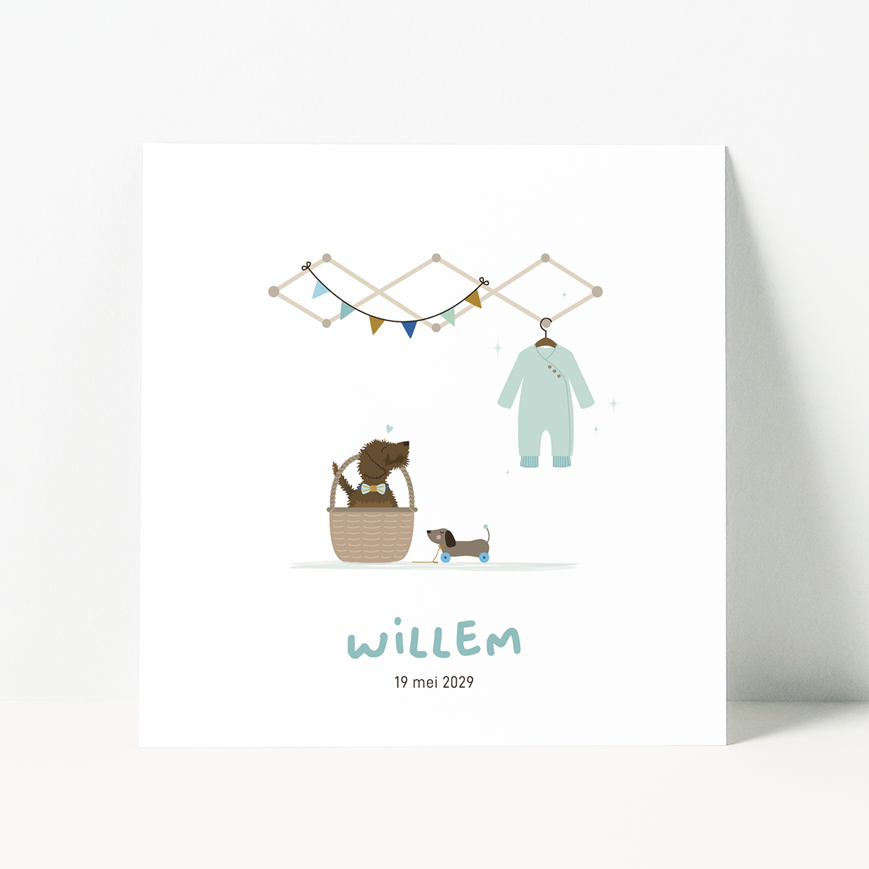 geboortekaartje jongen met teckel naast mandje met baby en rompertje
