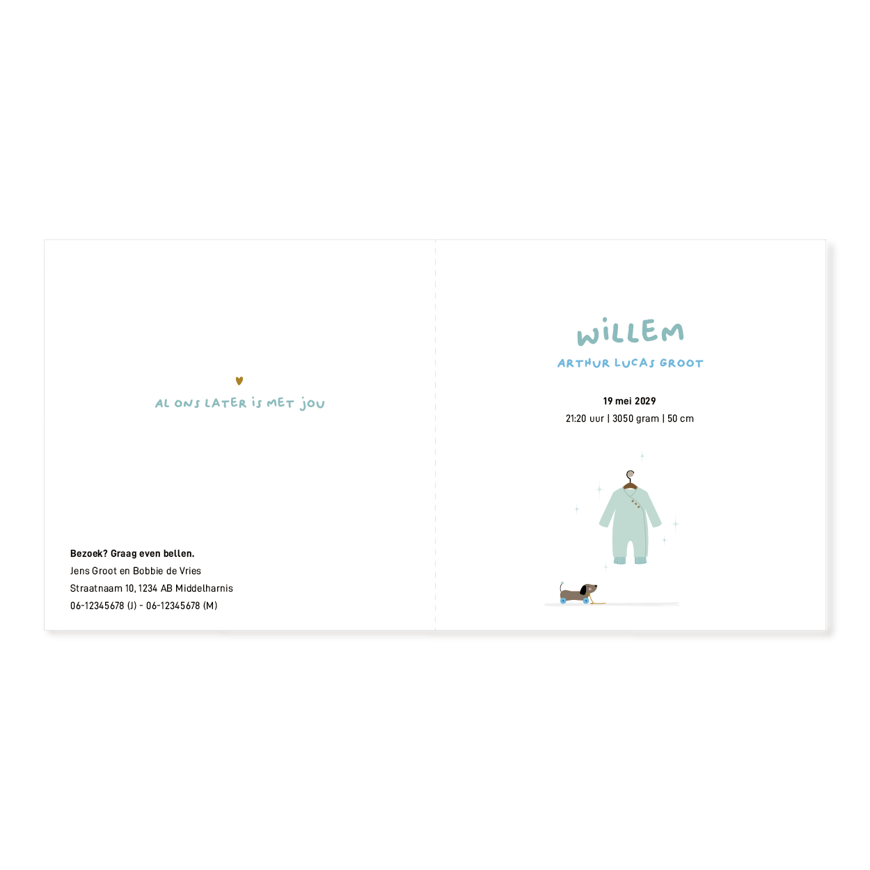 Geboortekaartje jongen met mandje, hondje en baby romper illustratie in zachte kleuren.