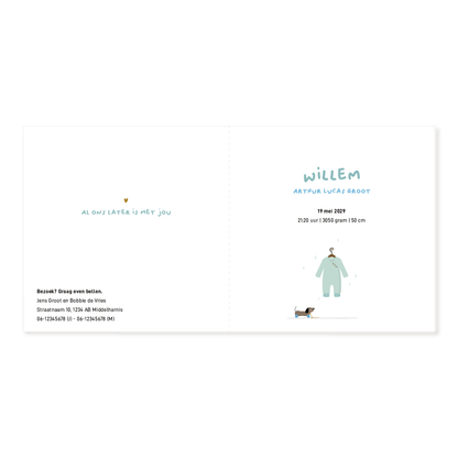 Geboortekaartje jongen met mandje, hondje en baby romper illustratie in zachte kleuren.