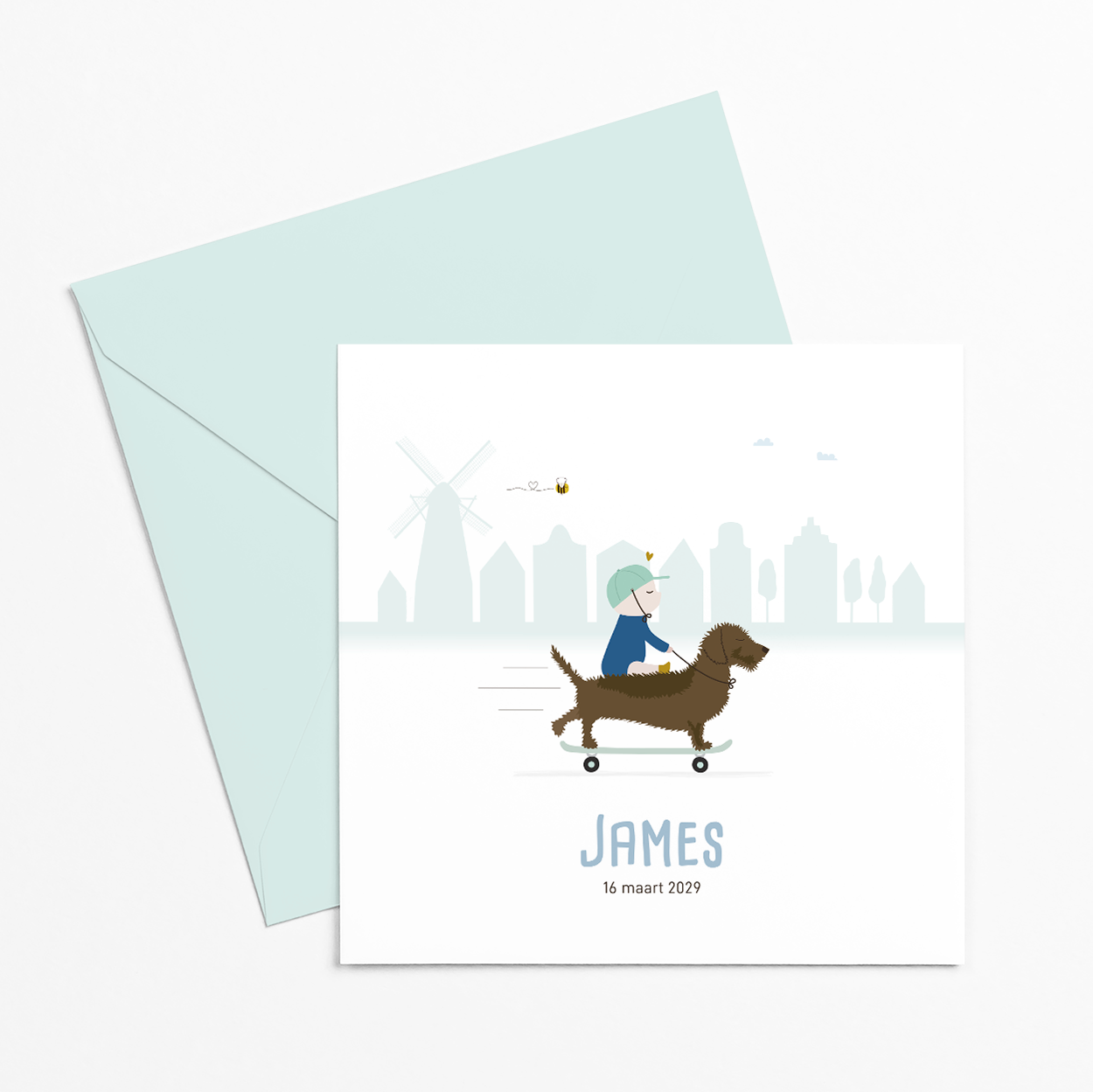 Geboortekaartje jongen met teckel op skateboard en baby, illustratie met Nederlandse stad.