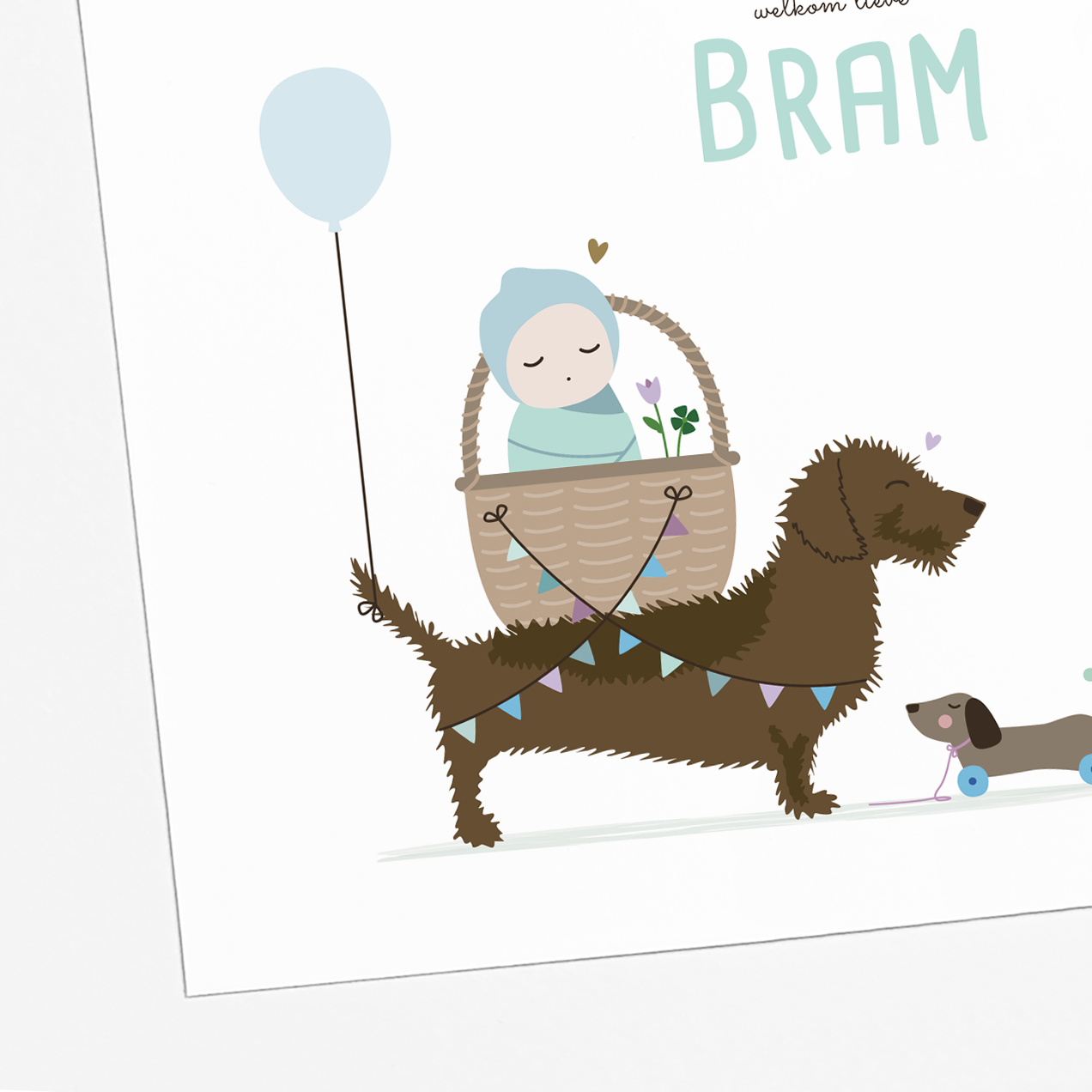 illustratie teckel die mandje met baby trekt geboortekaartje jongen