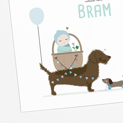 illustratie teckel die mandje met baby trekt geboortekaartje jongen