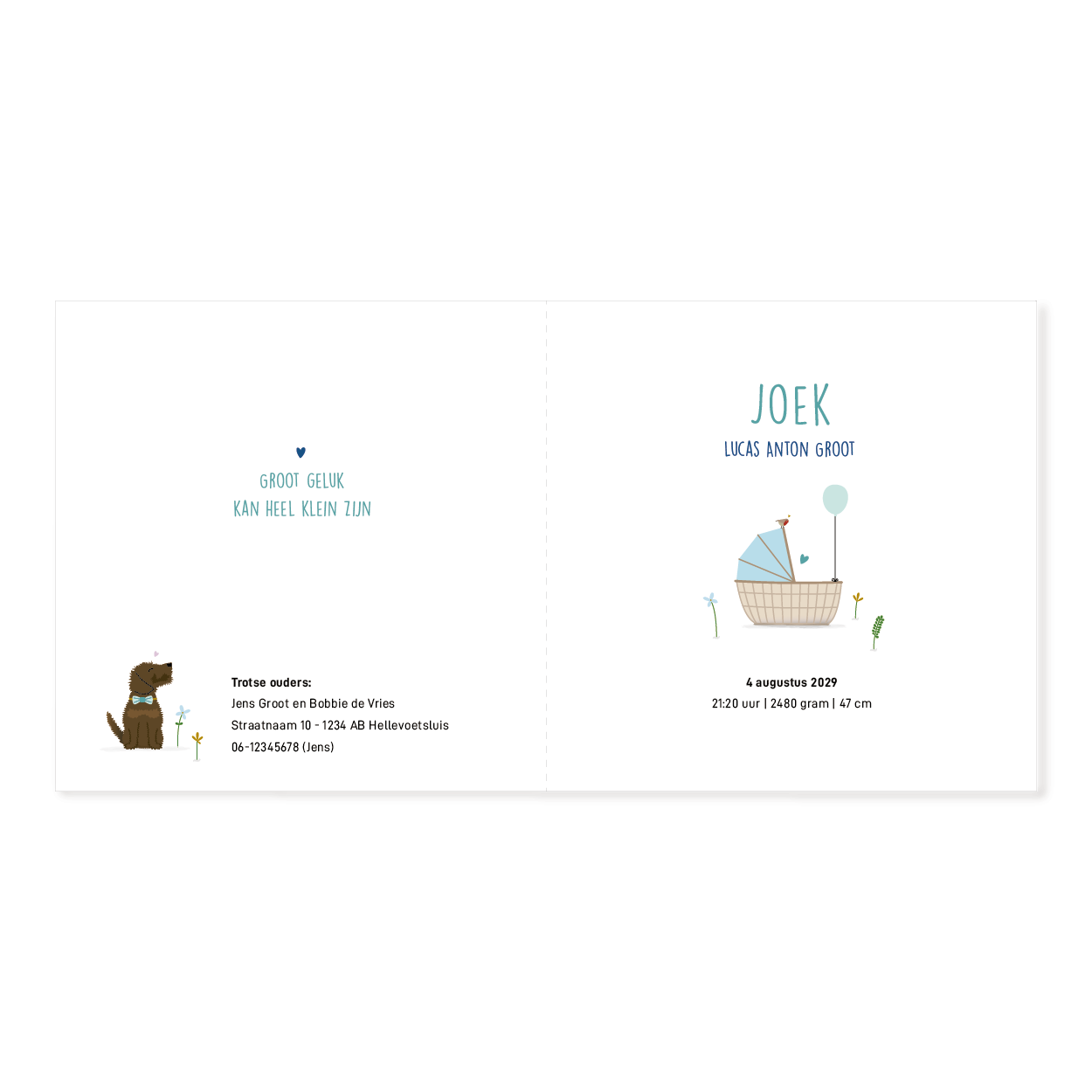 Geboortekaartje jongen met baby in wieg en hond ernaast, illustratie met bloemen en ballon in zachte kleuren.