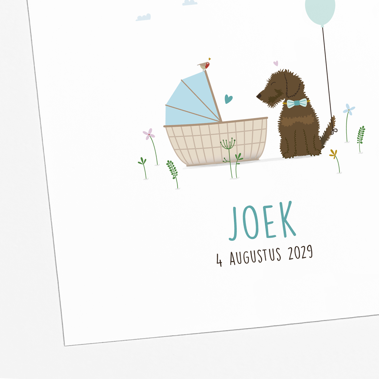 illustratie teckel bij wieg met baby geboortekaartje jongen