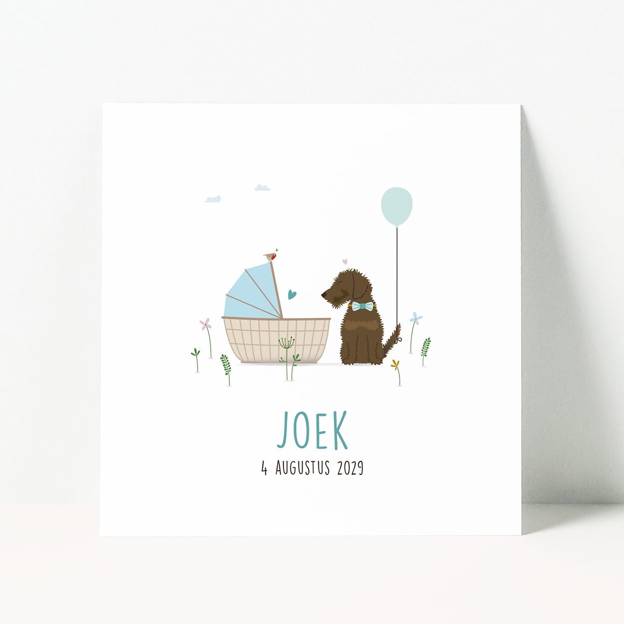 geboortekaartje jongen met teckel naast wieg met baby en ballon