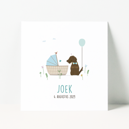 geboortekaartje jongen met teckel naast wieg met baby en ballon