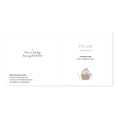 Geboortekaartje meisje met baby in bloemenveld, lieve illustratie met lente bloemen en hond.