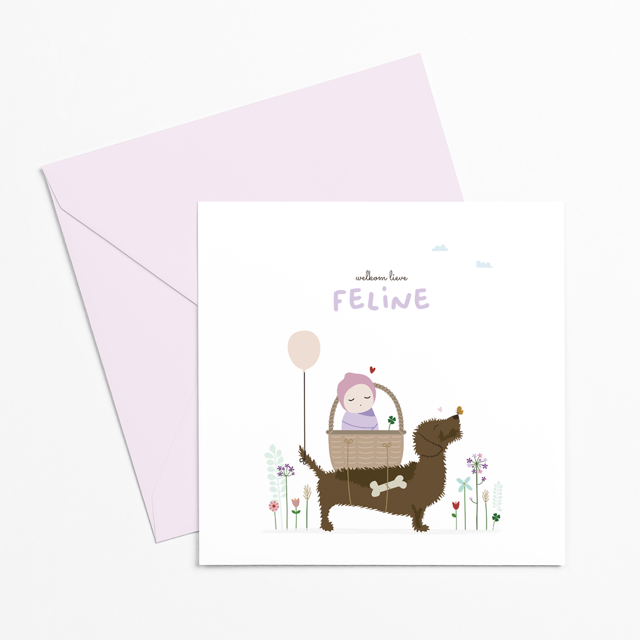 Geboortekaartje meisje met teckel en baby tussen bloemen, illustratie met vlinder en lente bloemen.