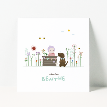 geboortekaartje meisje met baby in kistje tussen bloemen en teckel