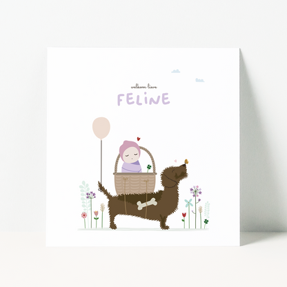 geboortekaartje meisje met teckel die baby in mandje draagt