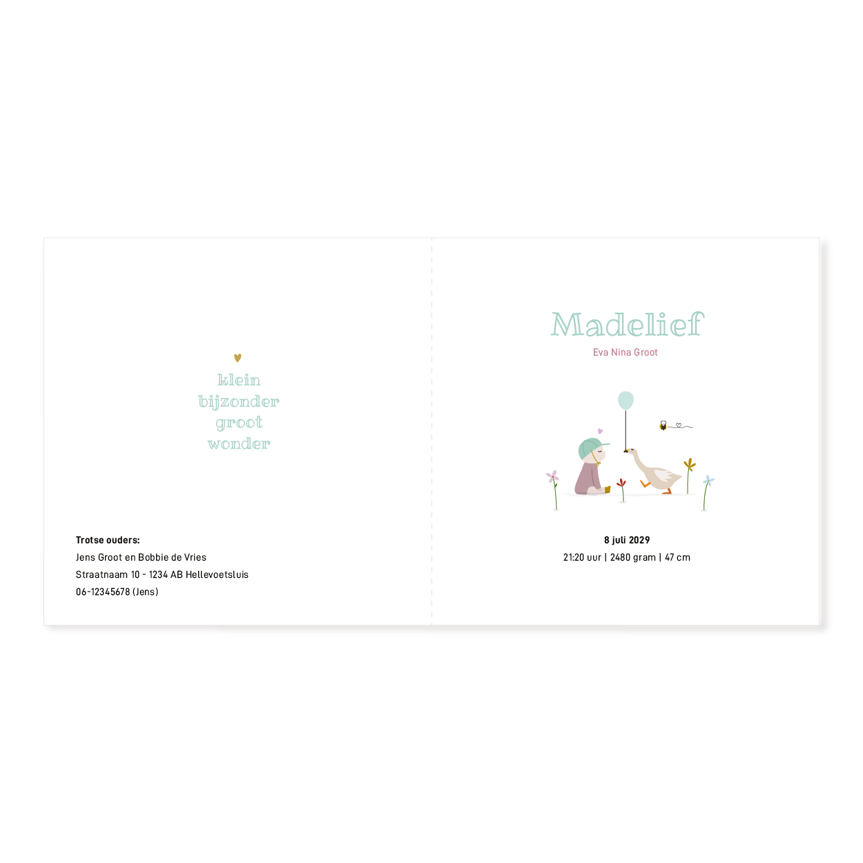 Geboortekaartje meisje met baby tussen zomerbloemen en dieren, vrolijke illustratie met hond.