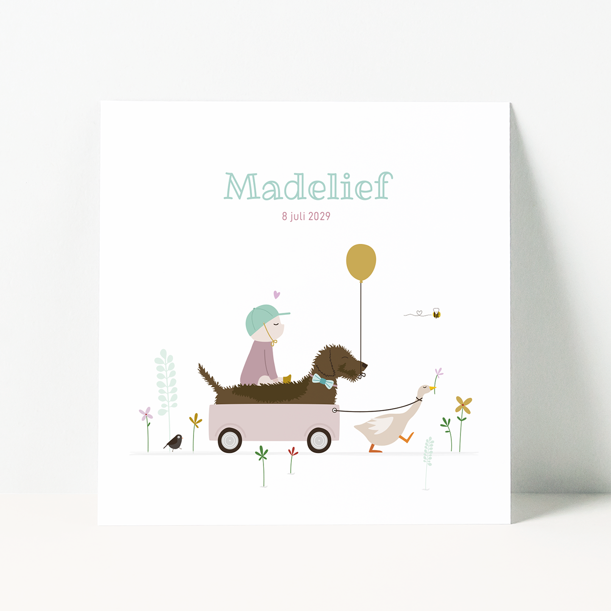 geboortekaartje meisje met teckel in kar getrokken door gans